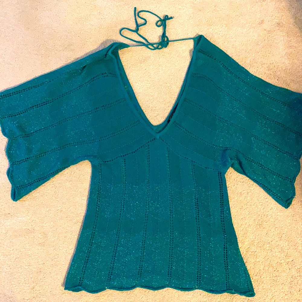 Metallic Green double V-neck sweater top.